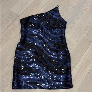 Halston One-Shoulder Sequin Dress Black and Navy Blue Zebra pattern. Size 14.
